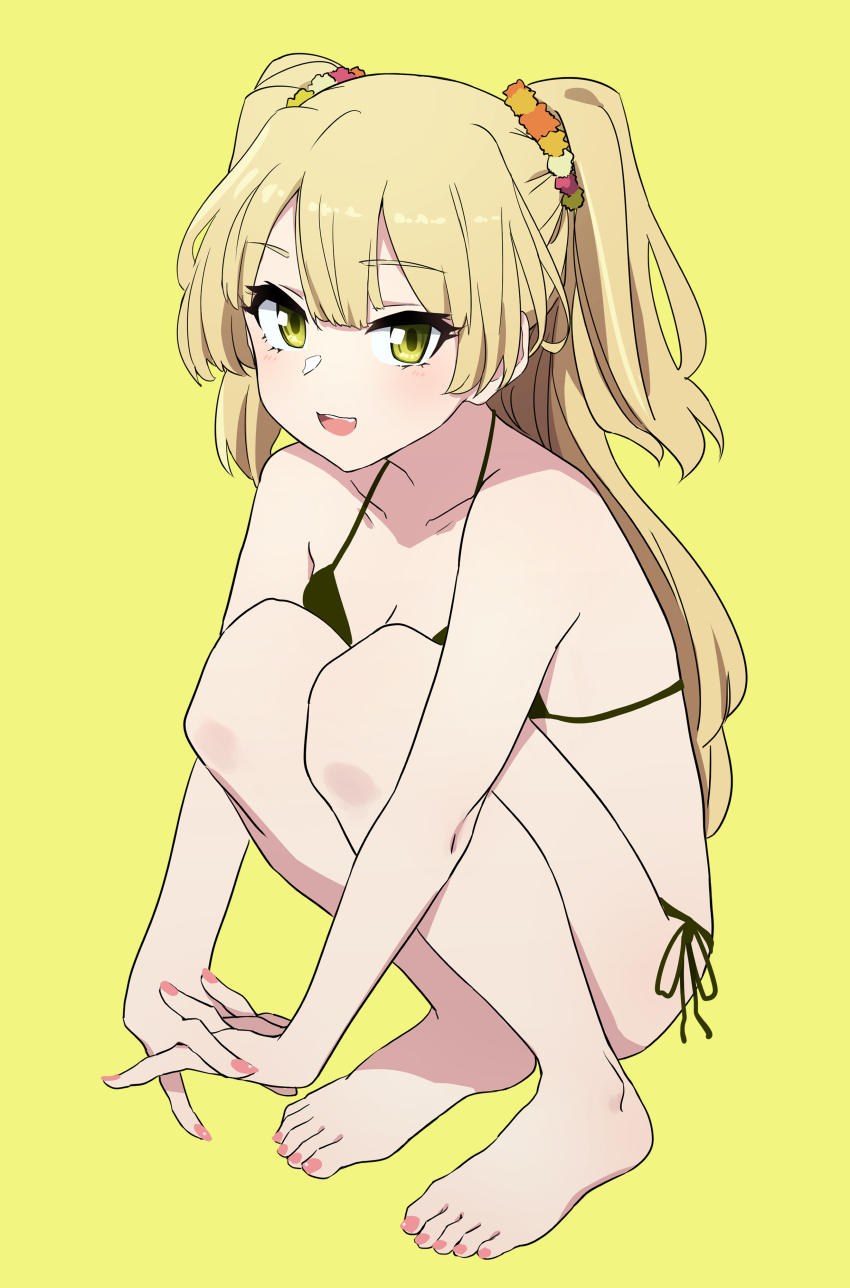 1girl, absurdres, barefoot, bikini, black_bikini, blonde_hair, blush, green_eyes