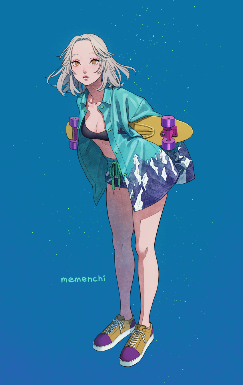 1girl, aburage_(motimotigg20), blue_background, breasts, brown_eyes, cleavage, collared_shirt, full_body