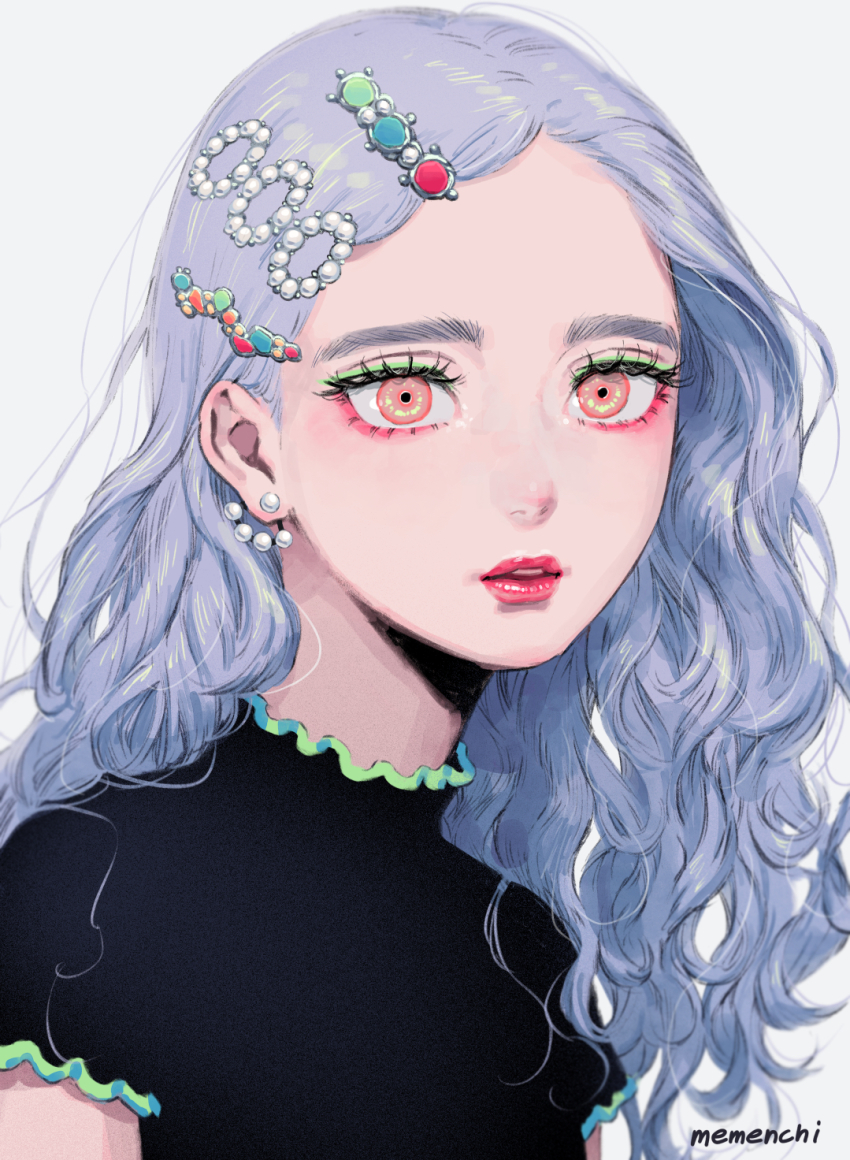 1girl, aburage_(motimotigg20), black_shirt, earrings, eyeshadow, grey_hair, hair_ornament, hairclip