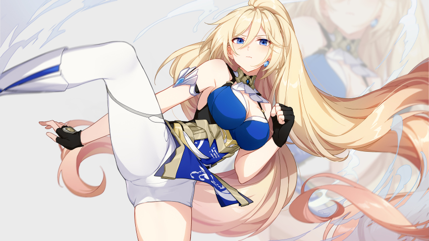 1girl, absurdres, armlet, asymmetrical_legwear, bare_shoulders, black_gloves, blonde_hair, blue_eyes, blue_tunic, breasts, cleavage, clenched_hand, closed_mouth, durandal_(dea_anchora)_(honkai_impact), durandal_(honkai_impact), earrings, fingerless_gloves, gloves, hair_between_eyes, high_ponytail, highres, honkai_(series), honkai_impact_3rd, jewelry, kicking, large_breasts, long_hair, pelvic_curtain, ponytail, single_earring, single_leg_pantyhose, sylvia_(fnlhfe9dl1dmu3s), thighs, tunic, uneven_legwear, very_long_hair, white_footwear