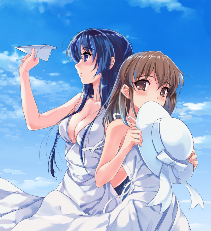 2girls, abhar, bad_id, bad_pixiv_id, blue_eyes, blue_hair, breasts, brown_eyes, brown_hair, cleavage, day, dress, hat, highres, holding, holding_paper_airplane, koga_sayoko, large_breasts, misaki_kurehito, multiple_girls, paper_airplane, sazanami_(artist), sky, suiheisen_made_nan_mile?, sun_hat, sundress, tsuyazaki_kokage, white_dress