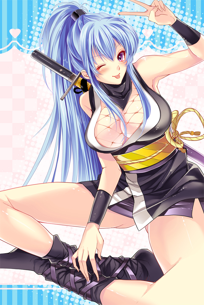 1girl, :p, bad_id, bad_pixiv_id, blue_hair, blush, breasts, cleavage