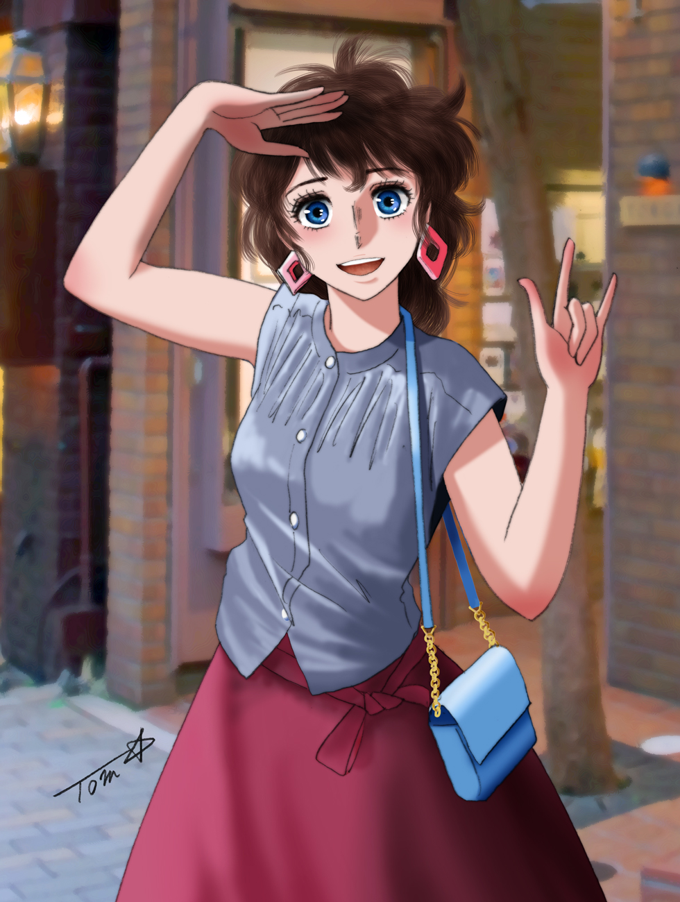 1girl, ace_wo_nerae!, arm_up, bag, blue_eyes, blurry, blurry_background, brown_hair, chutohampa, day, earrings, grey_shirt, handbag, highres, jewelry, looking_at_viewer, medium_hair, oka_hiromi, outdoors, photo_background, red_skirt, shirt, signature, skirt, sleeveless, solo