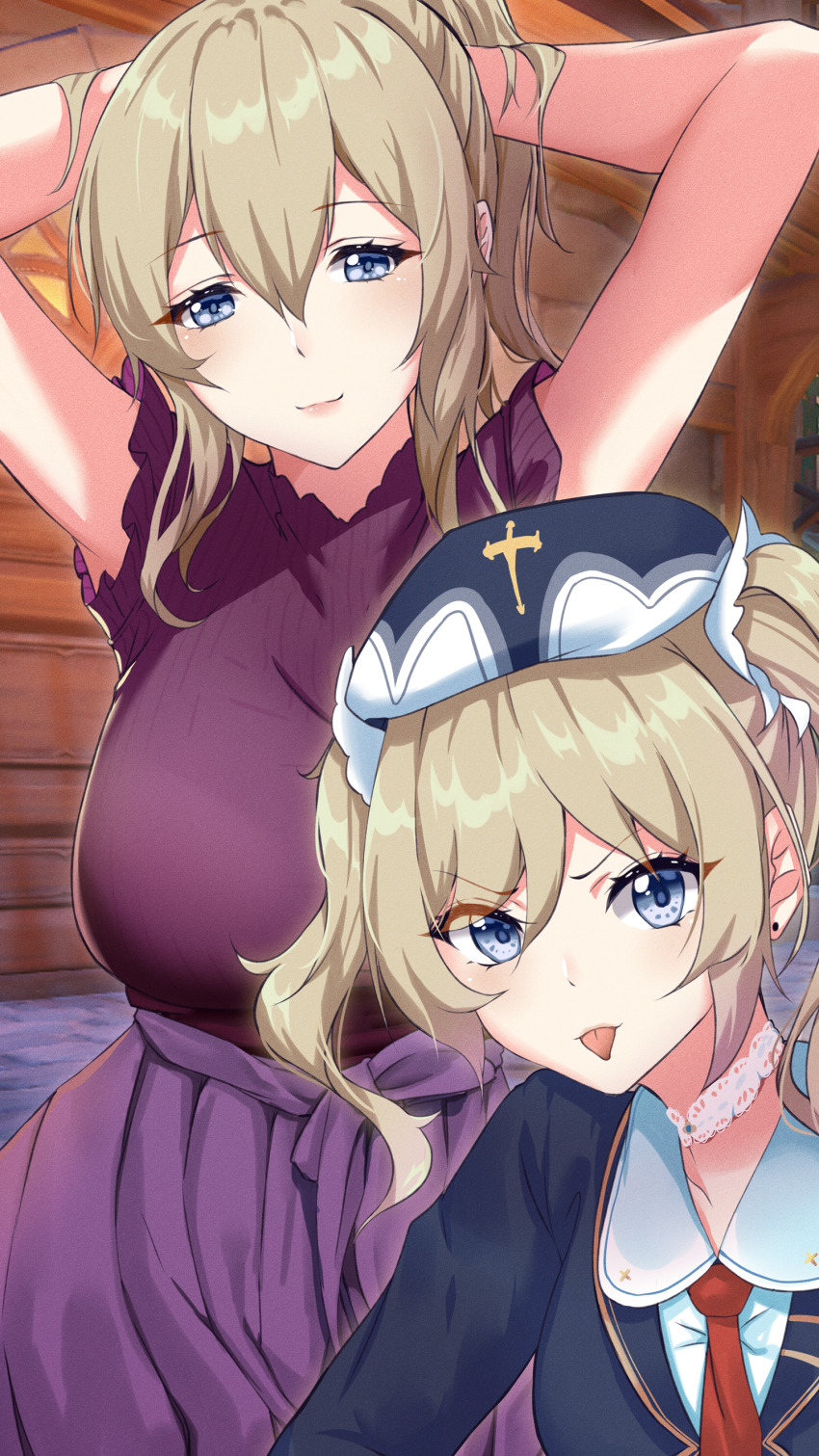 2girls, :p, absurdres, adjusting_hair, alternate_costume, arms_up, barbara_(genshin_impact), blazer