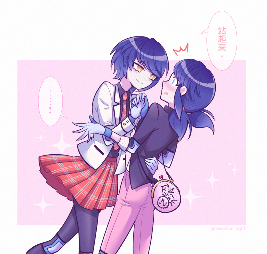 2girls, arm_around_another's_waist, bag, black_hair, blue_eyes, blue_hair, blush, chinese_text, gloves, greenriverknight, hand_on_another's_back, handbag, holding_hands, kagami_tsurugi, marinette_dupain-cheng, medium_hair, miraculous_ladybug, multiple_girls, necktie, open_mouth, pantyhose, short_hair, skirt, smile, translated, twintails, yellow_eyes, yuri