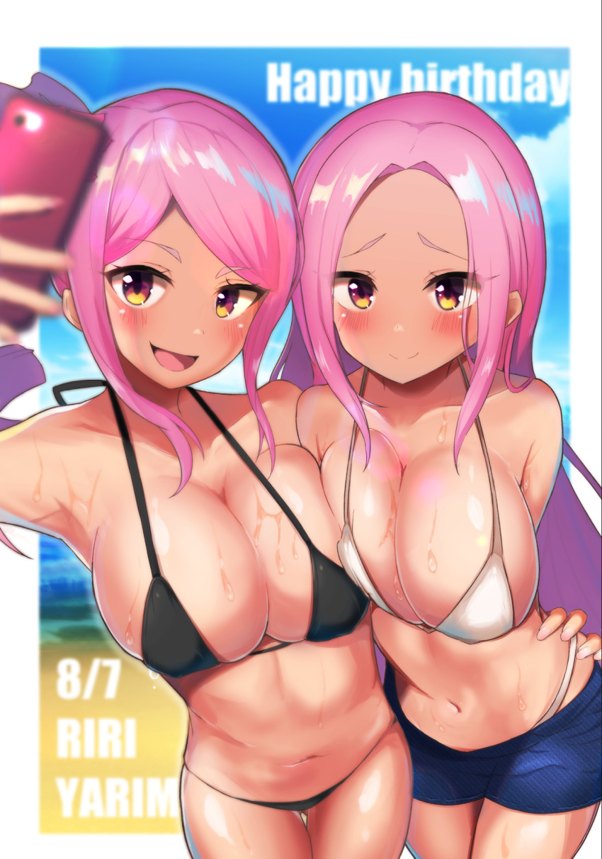 2girls, bad_id, bad_pixiv_id, blush, breast_press, breasts, brown_eyes, character_request, cleavage, closed_mouth, collarbone, happy_birthday, highres, large_breasts, long_hair, looking_at_viewer, magicami, multiple_girls, nanase_main, navel, open_mouth, pink_hair, selfie, side_ponytail, sidelocks, smile, swimsuit, symmetrical_docking, tan, yarimizu_lilly