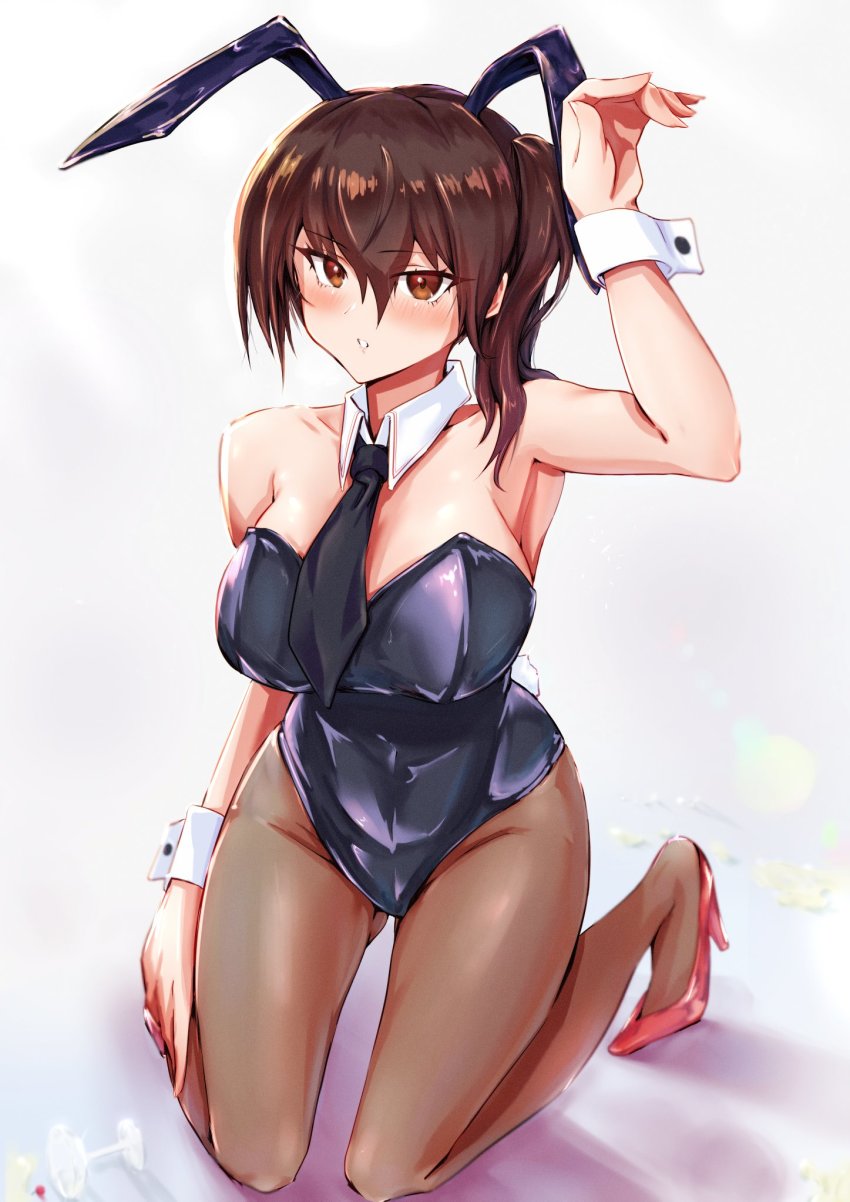 1girl, animal_ears, black_leotard, black_necktie, blush, breasts, brown_eyes, brown_hair, brown_pantyhose, cleavage, commentary_request, detached_collar, fake_animal_ears, gaijuu, high_heels, highres, kaga_(kancolle), kantai_collection, kneeling, large_breasts, leotard, long_hair, looking_at_viewer, necktie, pantyhose, parted_lips, playboy_bunny, rabbit_ears, rabbit_tail, red_footwear, side_ponytail, simple_background, solo, strapless, strapless_leotard, tail, white_background, wrist_cuffs