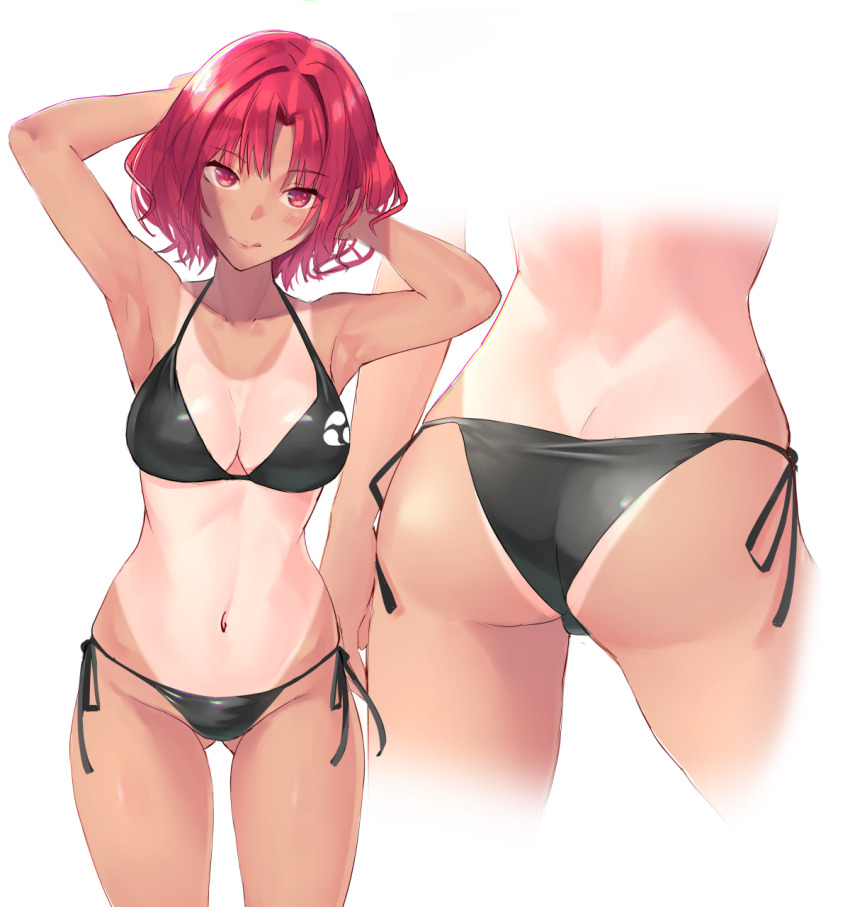 1girl, armpits, arms_up, ass, bare_arms, bare_shoulders, bikini, black_bikini, breasts, cleavage, collarbone, doitsuudon, gluteal_fold, highres, horikawa_raiko, looking_at_viewer, medium_breasts, multiple_views, red_eyes, red_hair, short_hair, side-tie_bikini_bottom, simple_background, standing, swimsuit, tan, tanline, touhou, white_background