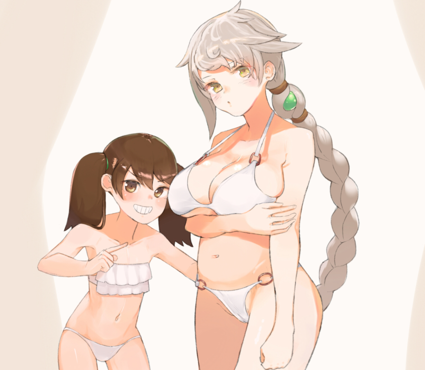 2girls, arm_under_breasts, asymmetrical_bangs, bikini, blush, braid, breasts, brown_eyes