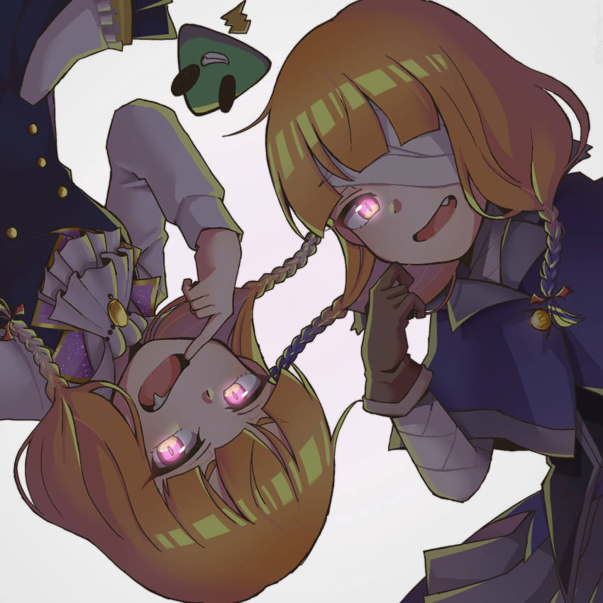 2girls, ashita_(sound_voltex), bandage_over_one_eye, bemani, black_dress, braid, capelet, cawol_(sound_voltex)