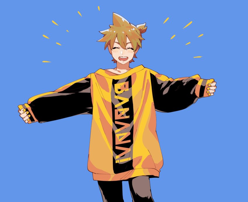 1boy, ^^^, black_pants, blonde_hair, blue_background, closed_eyes, clothes_writing, collarbone