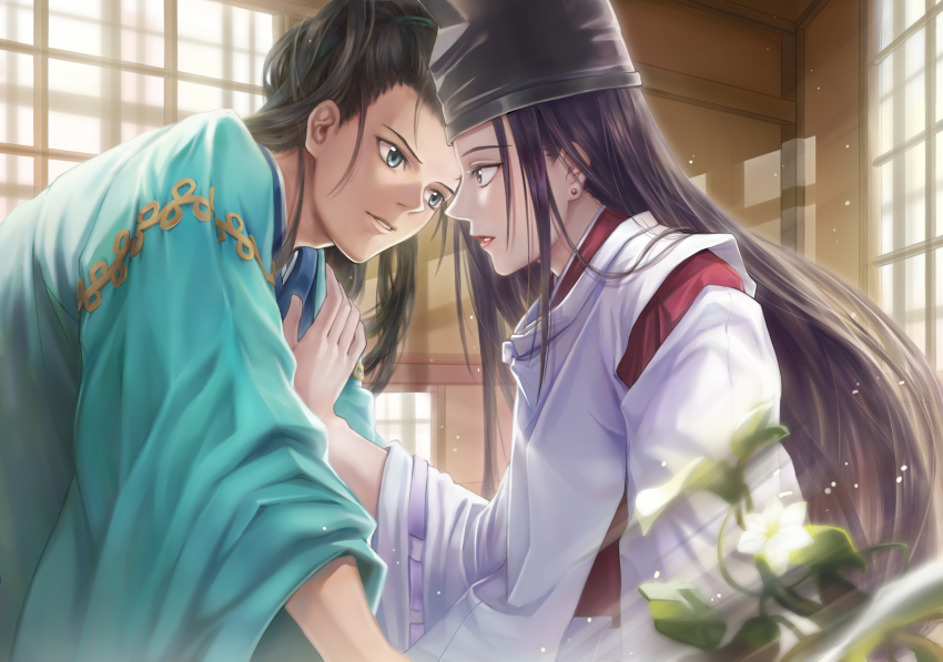 2boys, antatica11, bishounen, black_hair, blue_eyes, earrings, eye_contact, face-to-face
