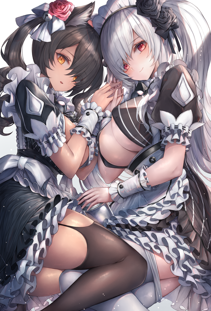 2girls, animal_ear_fluff, animal_ears, apron, bell, black_dress, black_hair, black_legwear, bow, breasts, cat_ears, cleavage, cleavage_cutout, clothing_cutout, destiny_child, dress, flower, frilled_dress, frills, garter_straps, hair_bow, hair_flower, hair_ornament, holding_hands, hand_up, jingle_bell, large_breasts, long_hair, looking_at_viewer, maid, maid_apron, maid_headdress, multiple_girls, orange_eyes, pantyhose, parted_lips, red_eyes, rose, serket_(destiny_child), short_sleeves, simple_background, smile, snm_(sunimi), sytry_(destiny_child), thighhighs, thighs, twintails, waist_apron, white_background, white_hair, white_legwear, wrist_cuffs, zettai_ryouiki
