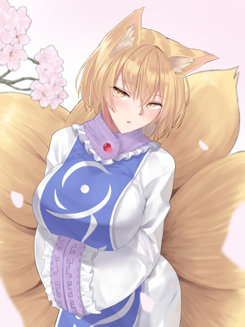 1girl, animal_ear_fluff, animal_ears, blonde_hair, blush, branch, breasts, cherry_blossoms
