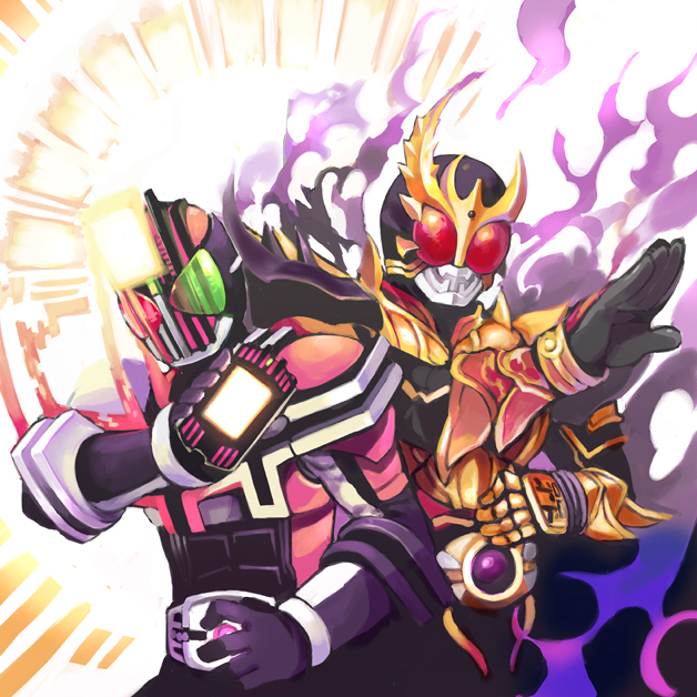 2boys, belt, glowing, kamen_rider, kamen_rider_dcd, kamen_rider_decade, kamen_rider_decade:_all_riders_vs._dai-shocker, kamen_rider_decade_complete_form, kamen_rider_kuuga, kamen_rider_kuuga_(rising_ultimate_form), kamen_rider_kuuga_(series), multiple_boys, shigehiro_(hiroi_heya)