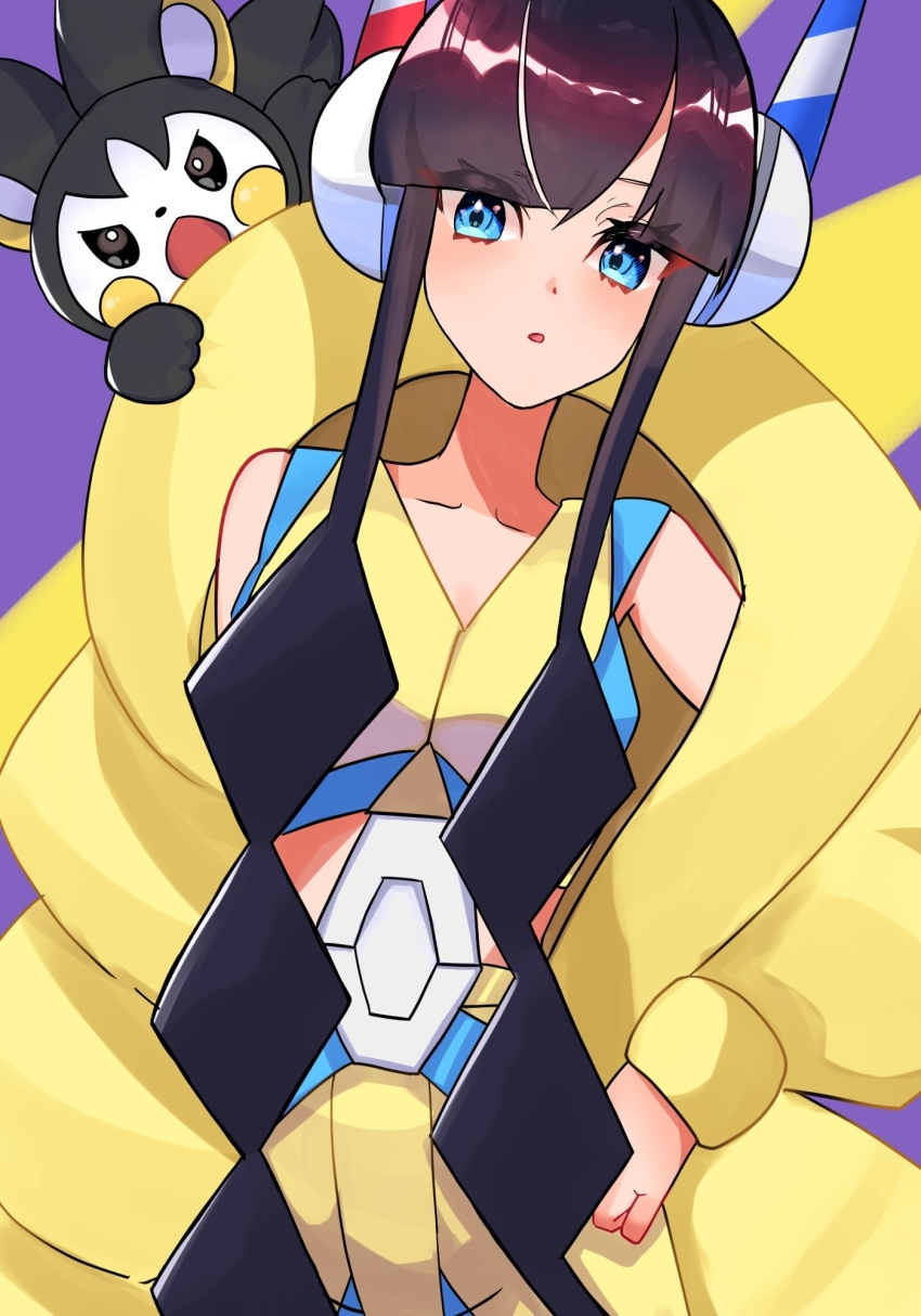 1girl, :o, black_hair, blue_eyes, coat, down_jacket, elesa_(pokemon), emolga