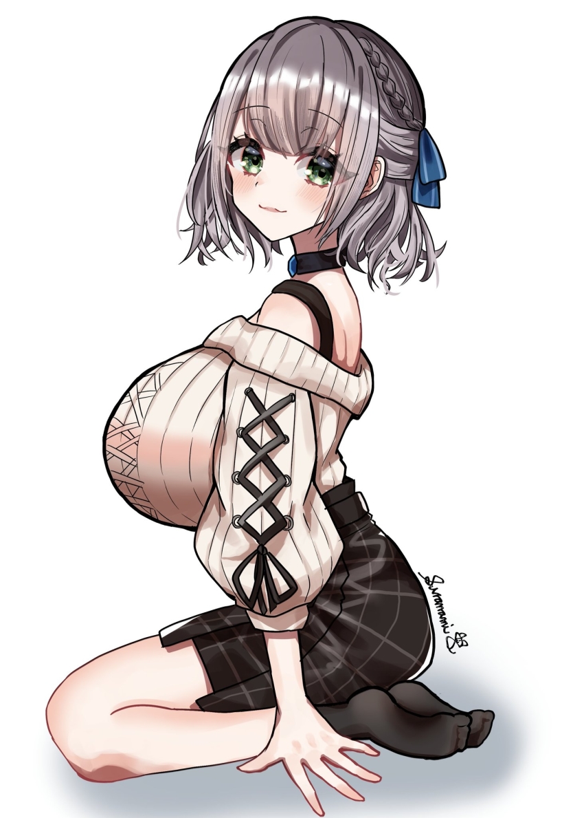 1girl, :3, artist_name, black_choker, black_ribbon, black_skirt, black_socks, blue_ribbon, blush, braid, breasts, choker, closed_mouth, cross-laced_clothes, cross-laced_sleeves, eyes_visible_through_hair, facing_away, full_body, green_eyes, grey_hair, hair_ribbon, highres, hololive, huge_breasts, looking_at_viewer, miniskirt, off-shoulder_sweater, off_shoulder, plaid_clothes, plaid_skirt, ribbed_sweater, ribbon, shirogane_noel, shirogane_noel_(casual), shirt, short_hair, signature, simple_background, siranami_eight, sitting, skirt, three-quarter_sleeves, smile, socks, solo, striped_ribbon, sweater, virtual_youtuber, wariza, white_background, white_sweater