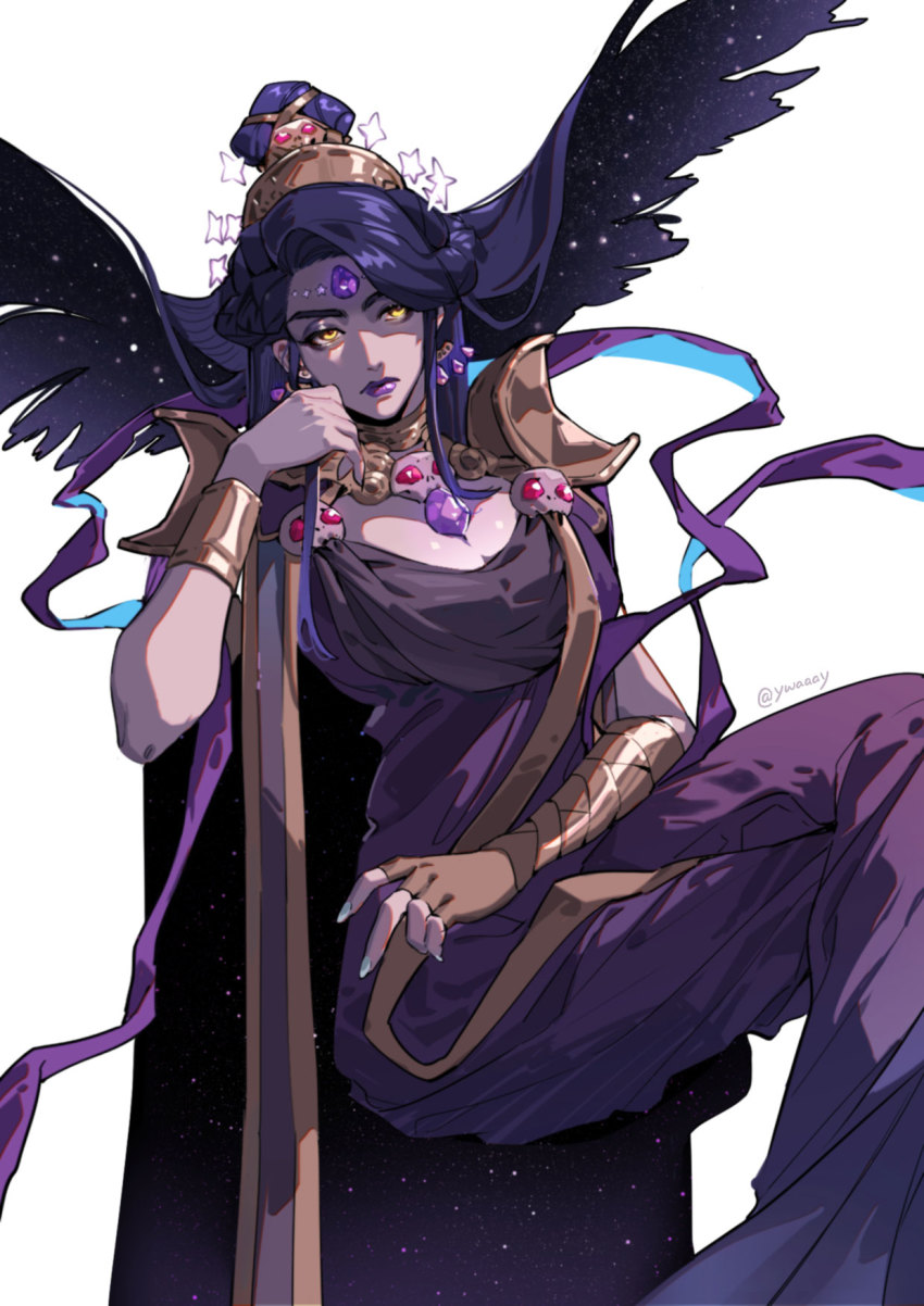 1girl, black_hair, breasts, cleavage, crown, dress, earrings, eyeshadow, floating_hair, gem, hades_(series), hades_1, head_rest, highres, jewelry, lipstick, makeup, mature_female, nail_polish, nyx_(hades), skull, star_(symbol), twitter_username, yellow_eyes, yway1101