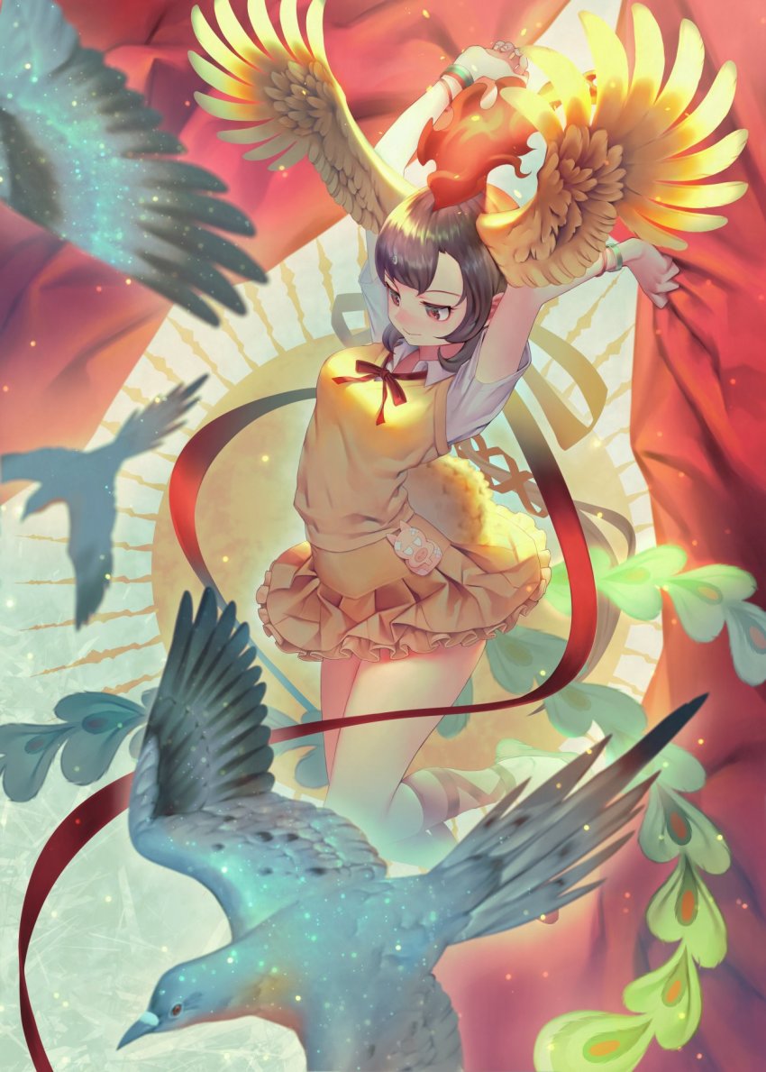 1girl, arms_up, bird, black_hair, bracelet, breasts, collared_shirt, feathers, full_body, hi_no_tori_(kemono_friends), highres, jewelry, kemono_friends, long_hair, medium_breasts, mifu_(b24vc1), pleated_skirt, red_eyes, red_neckwear, red_ribbon, ribbon, shirt, short_sleeves, skirt, smile, solo, vest, white_shirt, wings, yellow_skirt, yellow_vest