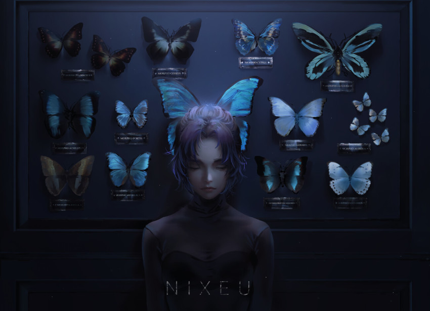 1girl, alternate_costume, artist_name, bug, butterfly, butterfly_hair_ornament, closed_eyes, hair_ornament