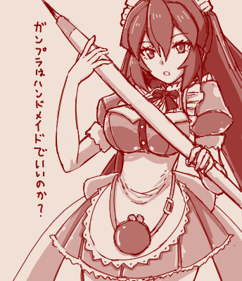 1girl, apron, breasts, cosplay, cropped_legs, cyberdoll_may, cyberdoll_may_(cosplay), gundam, gundam_build_divers, gundam_build_divers_re:rise, hair_between_eyes, hand_maid_may, holding, holding_pen, large_breasts, looking_at_viewer, lowres, maid, maid_apron, maid_headdress, may_(gundam_build_divers_re:rise), mini_person, minigirl, mobile_doll_may, monochrome, name_connection, open_mouth, pen, pochiiru_(uowou), skirt, solo, standing, translation_request