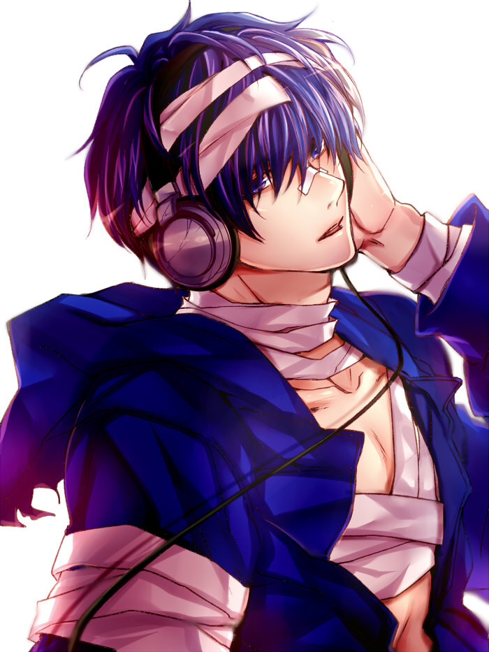 1boy, aosame_rain, bandages, bemani, collarbone, headphones, holding, holding_headphones, hood, hood_down, hoodie, looking_at_viewer, open_mouth, purple_eyes, purple_hair, sound_voltex, yasshan