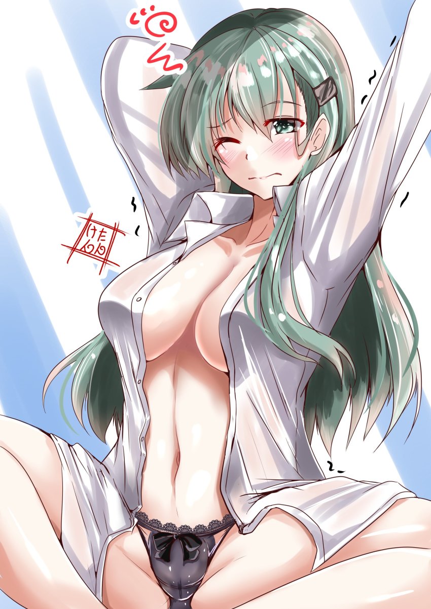 1girl, absurdres, aqua_eyes, aqua_hair, black_panties, breasts, commentary_request, dress_shirt