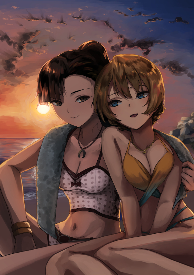 2girls, alternate_costume, arm_around_shoulder, asymmetrical_bangs, backlighting, beach, bikini, black_eyes