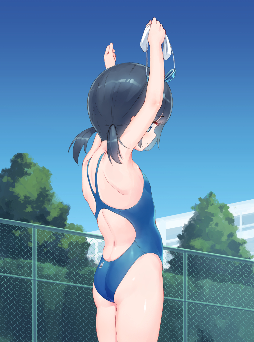 1girl, arms_up, ass, back, back_cutout, black_hair, blue_eyes, blue_one-piece_swimsuit, blue_sky, blush, building, chain-link_fence, child, clothing_cutout, competition_swimsuit, cowboy_shot, day, facing_away, fence, flat_chest, from_behind, goggles, highleg, highleg_one-piece_swimsuit, highres, holding, holding_goggles, makigai, one-piece_swimsuit, original, outdoors, profile, shoulder_blades, sky, solo, standing, swim_cap, swimsuit, tree, twintails, unworn_swim_cap
