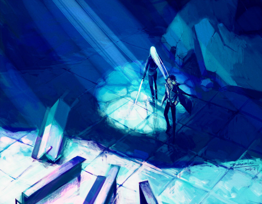 2boys, blue_theme, crack, dated, debris, hair_slicked_back, hands_in_pockets, holding