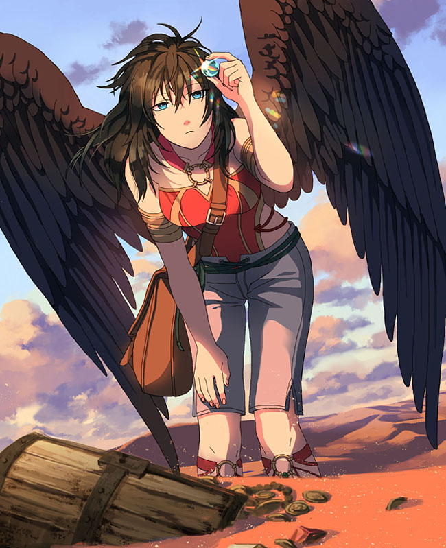 1girl, arm_up, black_hair, blue_eyes, donta30303, feet_out_of_frame, fire_emblem, fire_emblem:_radiant_dawn, gem, hands_up, jewelry, long_hair, looking_at_object, nintendo, sand, shadow, solo, sunlight, sunset, treasure_chest, vika_(fire_emblem)