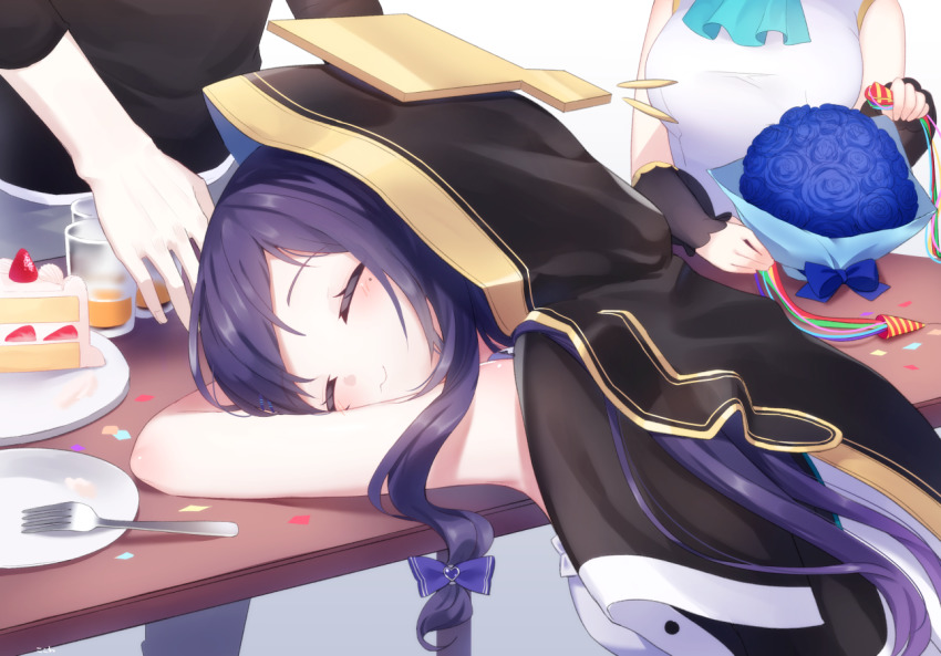 1boy, 2girls, aiba_uiha, ars_almal, ars_almal_(1st_costume), bare_shoulders, black_cloak, black_shirt