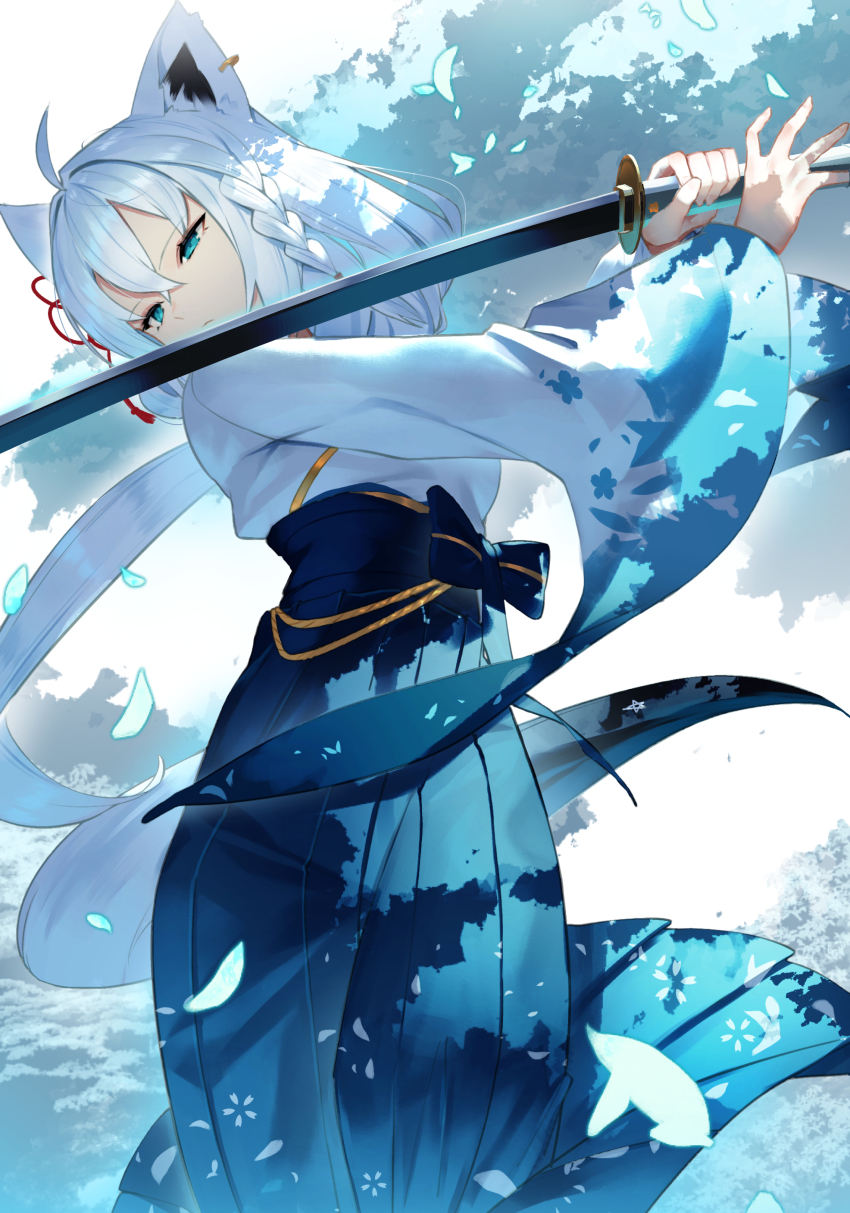 1girl, absurdres, ahoge, animal_ear_fluff, animal_ears, blue_eyes, blue_kimono, bow