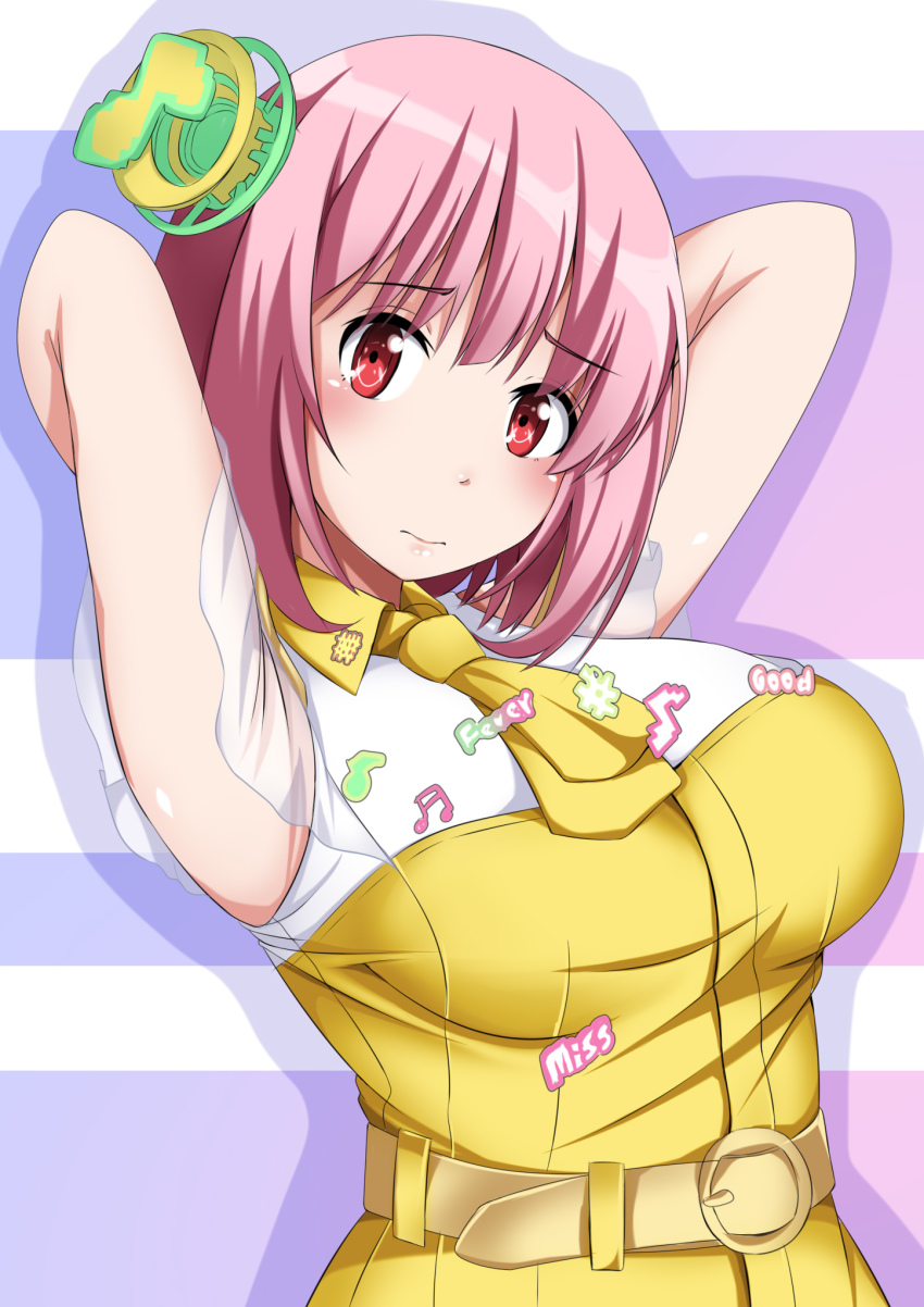 1girl, armpits, arms_behind_head, arms_up, belt, breasts, commentary, hair_ornament