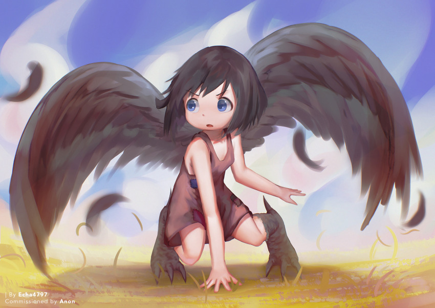 1girl, aerie_xero, artist_name, black_hair, blue_eyes, child, commission, day