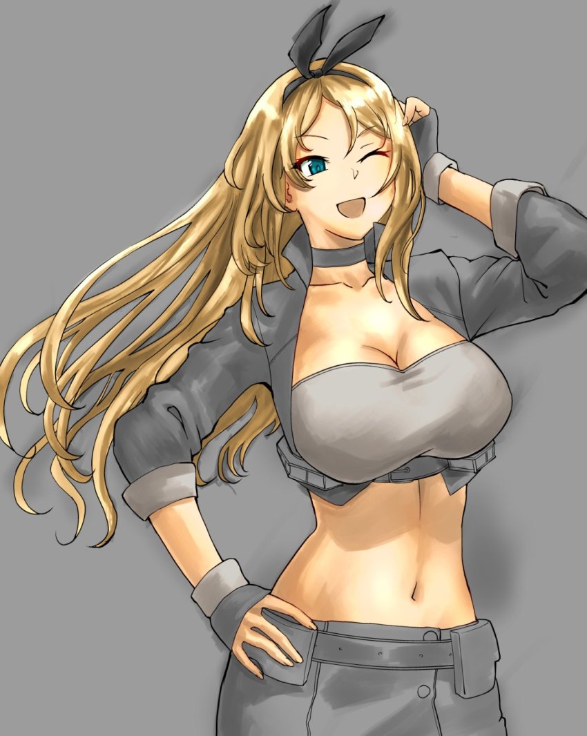 1girl, black_hairband, blonde_hair, blue_eyes, breasts, choker, cleavage, commentary_request