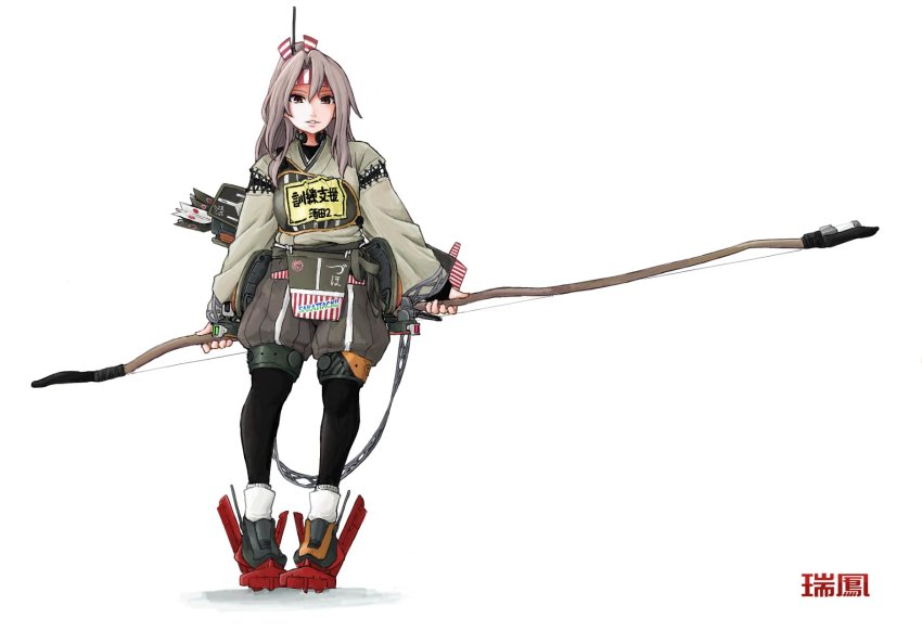 1girl, asymmetrical_footwear, black_legwear, bow_(weapon), brown_eyes, brown_hakama, character_name, full_body