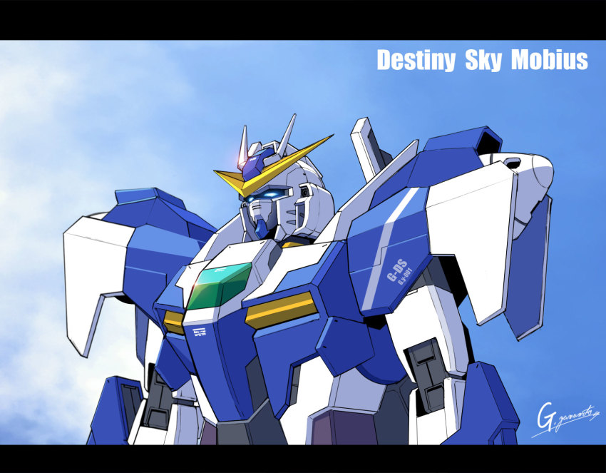 artist_name, character_name, fusion, g.yamamoto, glowing, glowing_eyes, gundam, gundam_00_sky_moebius