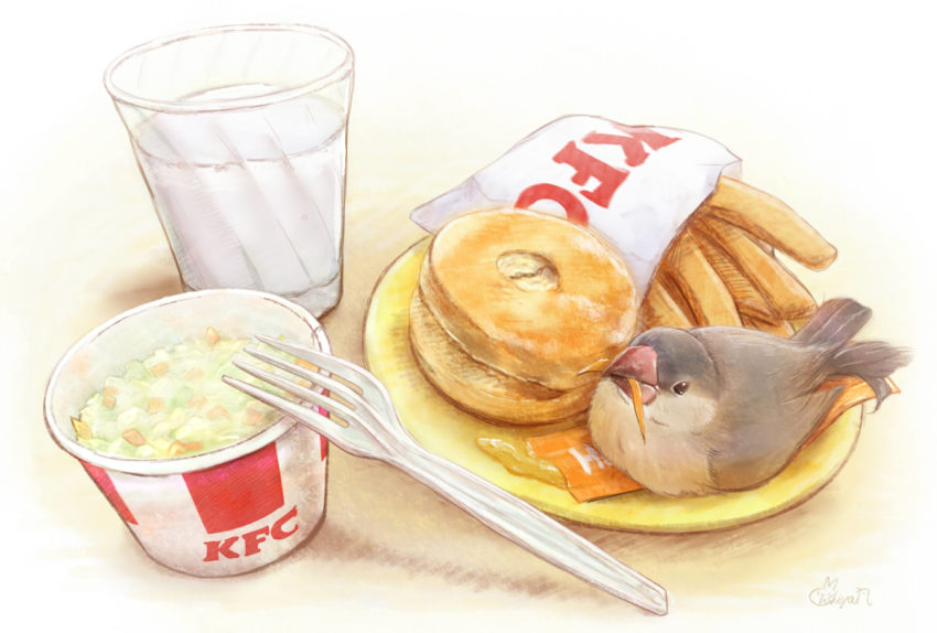 bag, bird, coleslaw, cookie, cup, eating, food, food_focus, fork, french_fries, java_sparrow, kfc, looking_up, no_humans, original, plastic_fork, plate, yoshiyanmisoko