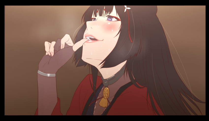 1girl, absurdres, amagi_(azur_lane), animal_ears, azur_lane, black_hair, blush, bodystocking, bodysuit, bodysuit_under_clothes, coat, collar, highres, kakegurui, kawanishimaki, kikumon, letterboxed, lips, long_hair, metal_collar, purple_eyes, red_coat, solo, thick_eyebrows, upper_body