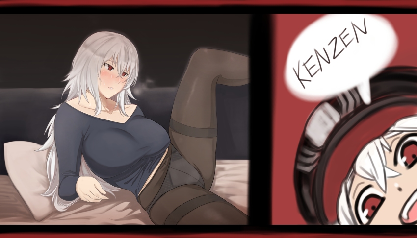 1girl, absurdres, azur_lane, black_panties, blue_sweater, blush, breasts, brown_pantyhose, graf_zeppelin_(azur_lane), hair_between_eyes, highres, kawanishimaki, kotori_photobomb, large_breasts, long_hair, midriff_peek, on_bed, panties, panties_under_pantyhose, pantyhose, photobomb, pillow, red_eyes, solo, spread_legs, sweat, sweatdrop, sweater, thighband_pantyhose, underwear, white_hair