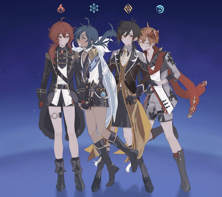 4boys, aged_down, ahoge, antenna_hair, bare_legs, black_footwear, black_gloves, black_hair