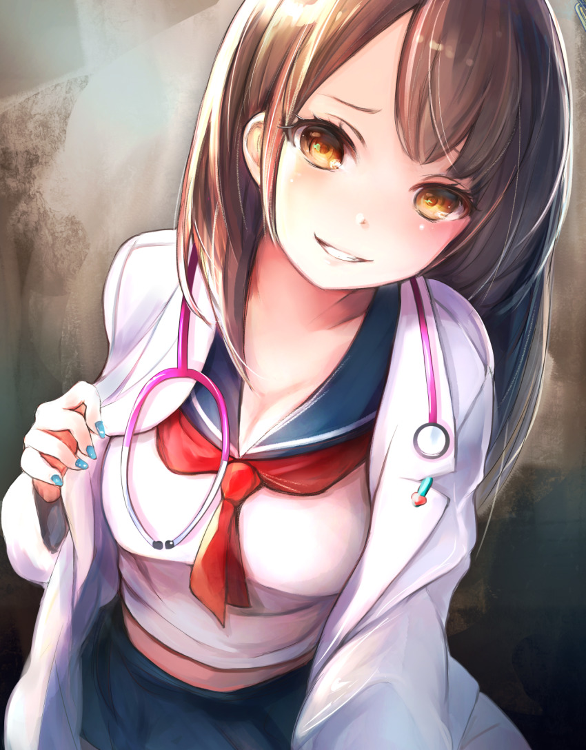 1girl, blue_nails, blue_sailor_collar, blue_skirt, breasts, brown_hair, coat, commentary_request