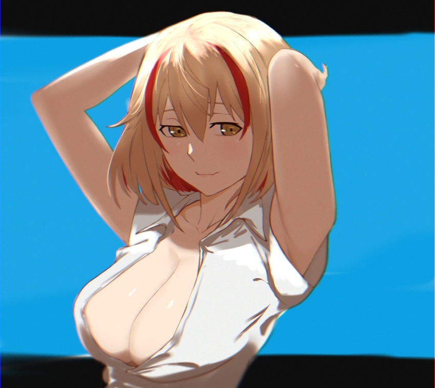 1girl, arms_behind_head, azur_lane, blue_background, breasts, cleavage, hair_between_eyes, highres, kawanishimaki, large_breasts, light_brown_hair, looking_at_viewer, multicolored_hair, no_bra, partially_unbuttoned, red_hair, roon_(azur_lane), shirt, short_sleeves, simple_background, solo, streaked_hair, two-tone_hair, upper_body, white_shirt, yellow_eyes