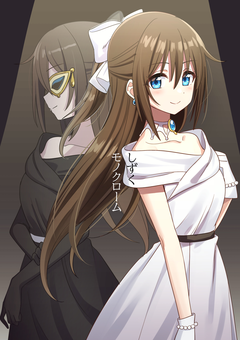 1girl, bare_arms, belt, black_background, black_belt, black_dress, black_gloves, blue_eyes