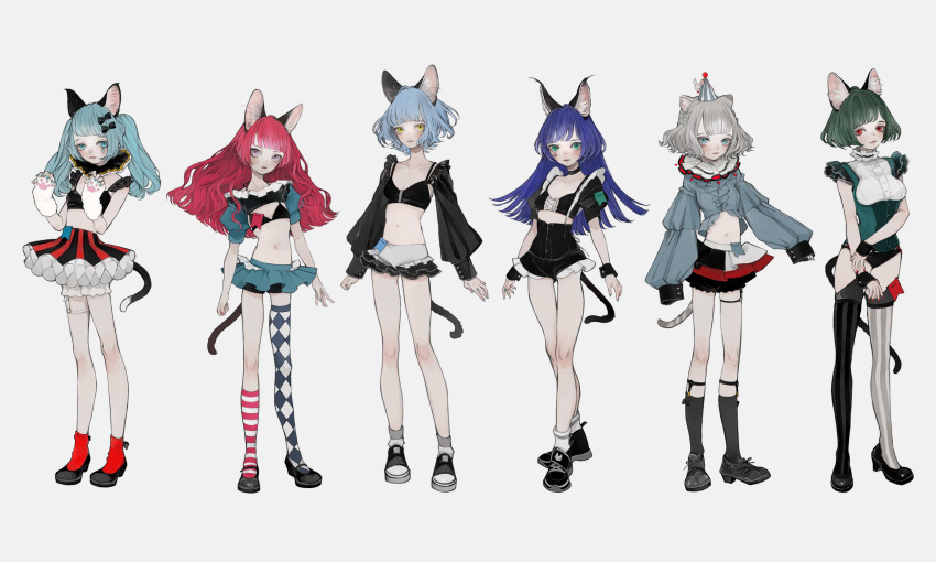 6+girls, animal_ears, animal_hands, aqua_eyes, aqua_hair, asymmetrical_legwear, black_footwear, blue_hair