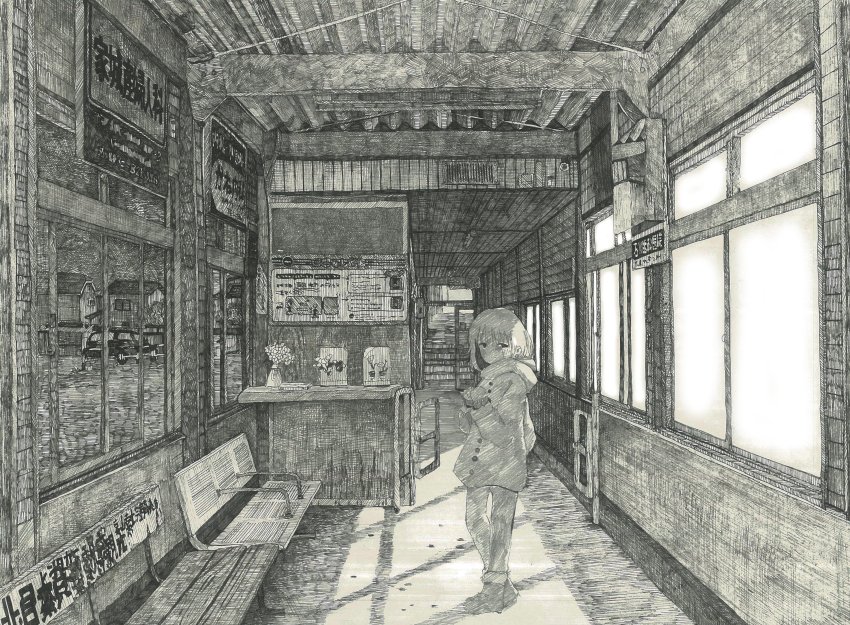 1girl, absurdres, bench, building, car, crosshatching, flower, greyscale, hatching_(texture), highres, indoors, jacket, long_sleeves, monochrome, motor_vehicle, no_mouth, no_nose, original, shihatsu-chan_(densya_t), shoes, solo, wide_shot, window