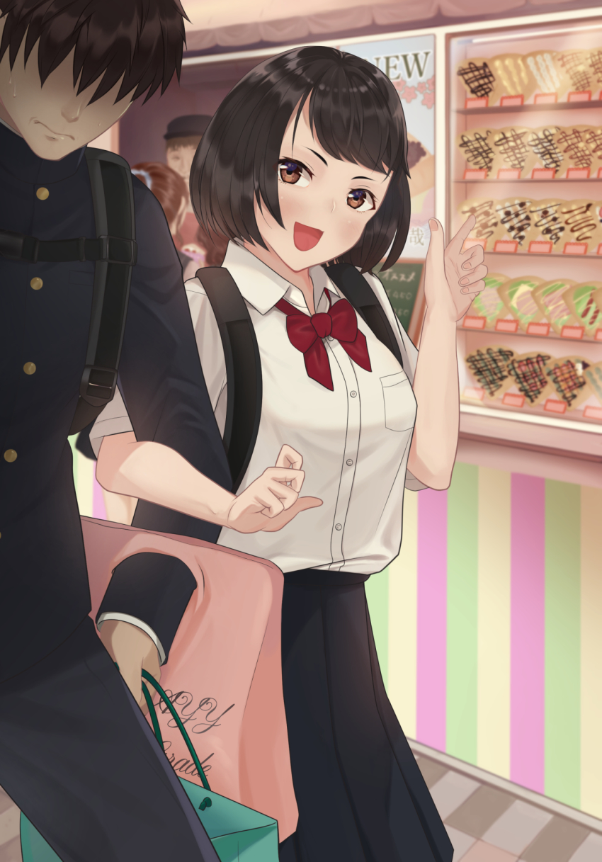 1boy, 1girl, arm_hug, bob_cut, brown_eyes, brown_hair, check_commentary, commentary