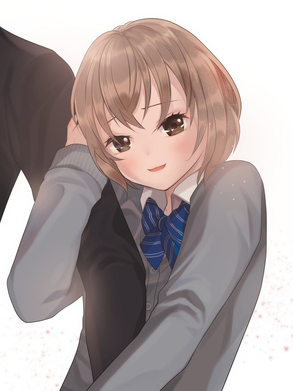 1boy, 1girl, arm_hug, blush, brown_eyes, cardigan, check_commentary, commentary