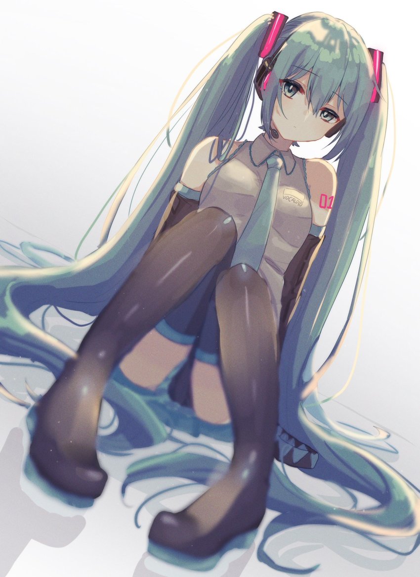 1girl, absurdly_long_hair, aqua_eyes, aqua_hair, aqua_necktie, bare_shoulders, black_skirt, black_sleeves, black_thighhighs, boots, detached_sleeves, dutch_angle, expressionless, grey_shirt, hair_ornament, hatsune_miku, headphones, headset, highres, knees_up, long_hair, looking_at_viewer, miniskirt, necktie, pleated_skirt, reflection, rennrenn214, shirt, shoulder_tattoo, sitting, skirt, sleeveless, sleeveless_shirt, solo, tattoo, thigh_boots, thighhighs, twintails, very_long_hair, vocaloid, white_background